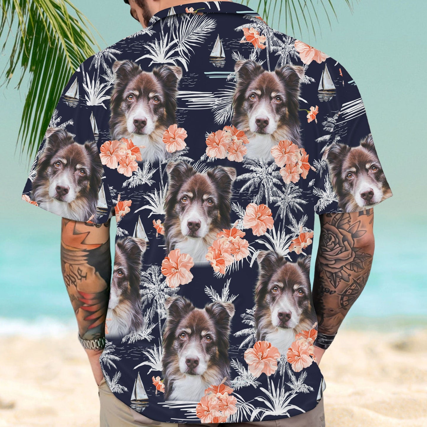 Custom Hawaiian Shirt With Pet Face | Personalized Gift For Pet Lovers | Orange Flower, Coconut, Palm Trees And Sailboat Dark Navy Color Aloha Shirt