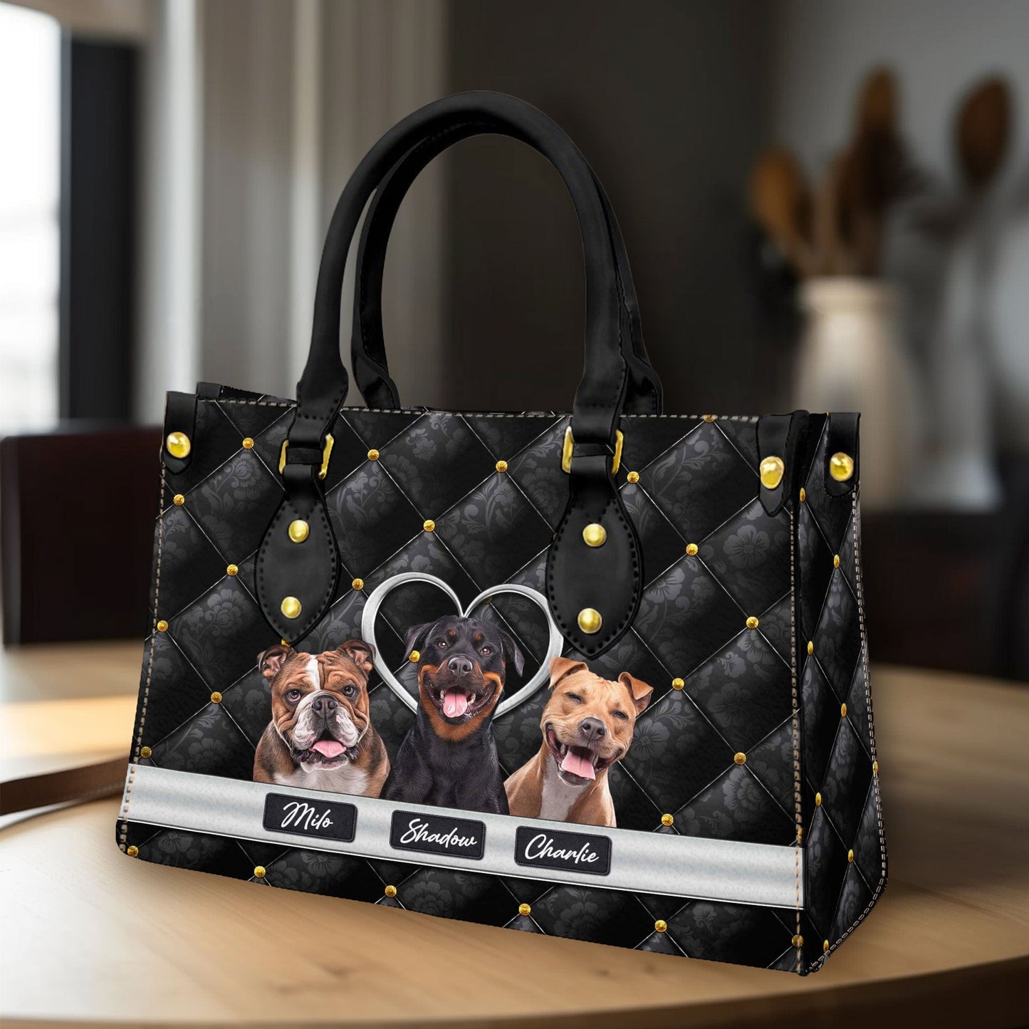 Custom Leather HandBag With Pet Photo | Gift For Pet Mom | Vintage Upholstery & Metal Heart Syle Matte Black Color