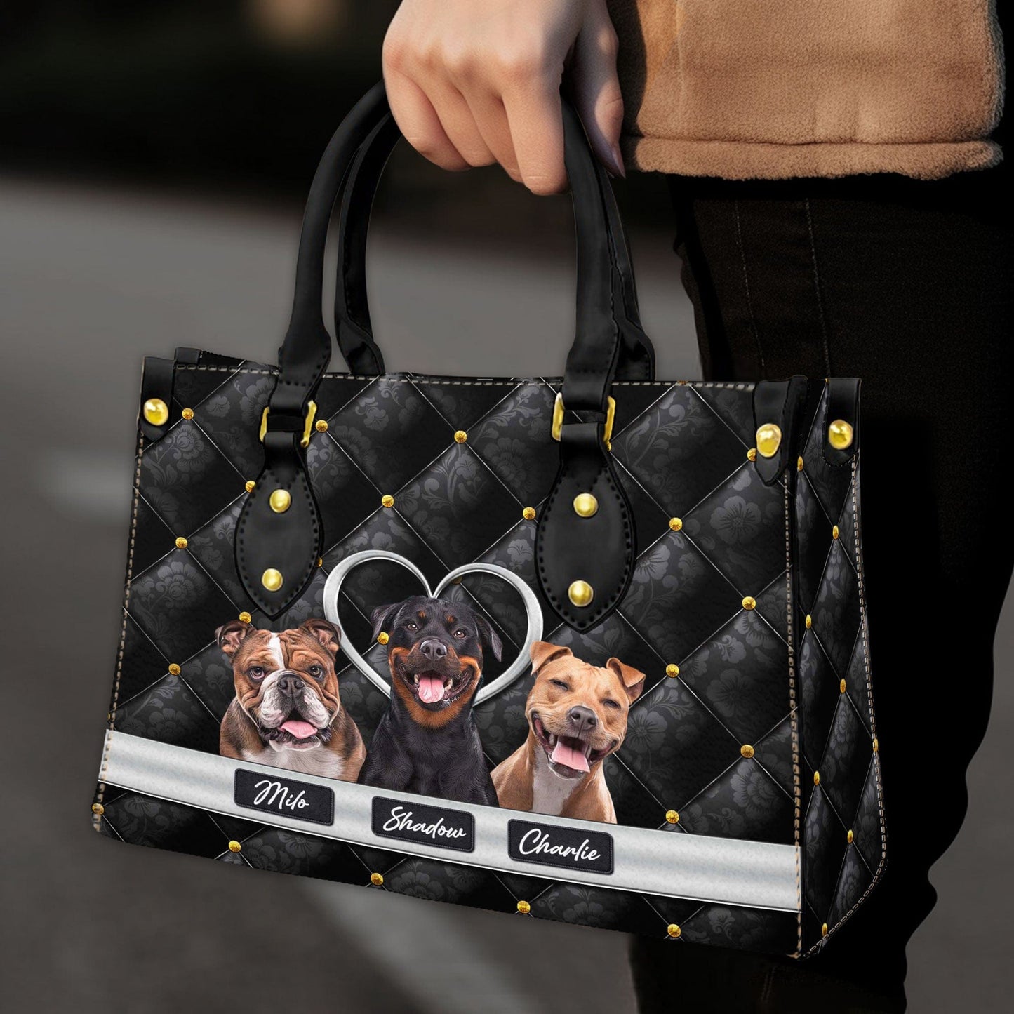 Custom Leather HandBag With Pet Photo | Gift For Pet Mom | Vintage Upholstery & Metal Heart Syle Matte Black Color