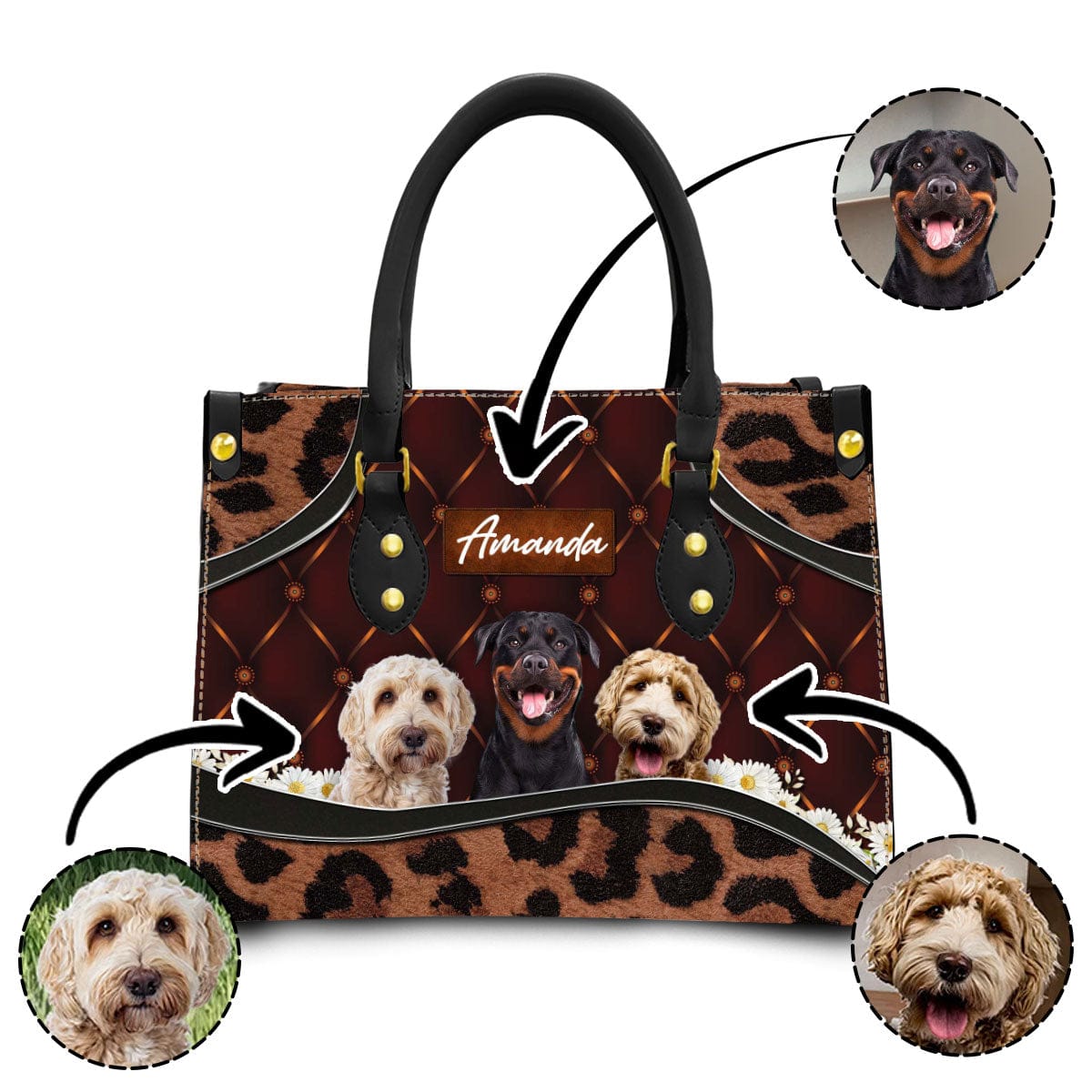 Sac à main en cuir personnalisé avec photo pour animaux de compagnie | Cadeau pour maman d’animal de compagnie | Tapisserie d'ameublement marron style marguerite et léopard couleur acajou