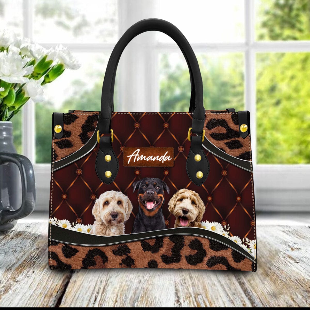 Sac à main en cuir personnalisé avec photo pour animaux de compagnie | Cadeau pour maman d’animal de compagnie | Tapisserie d'ameublement marron style marguerite et léopard couleur acajou