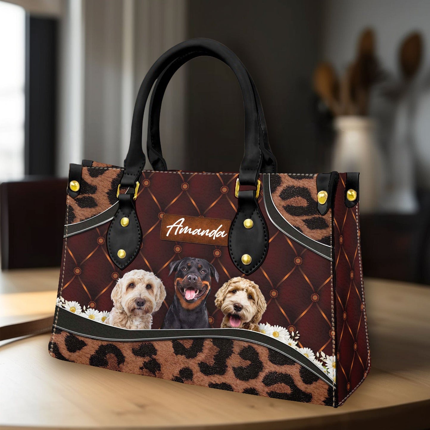 Sac à main en cuir personnalisé avec photo pour animaux de compagnie | Cadeau pour maman d’animal de compagnie | Tapisserie d'ameublement marron style marguerite et léopard couleur acajou