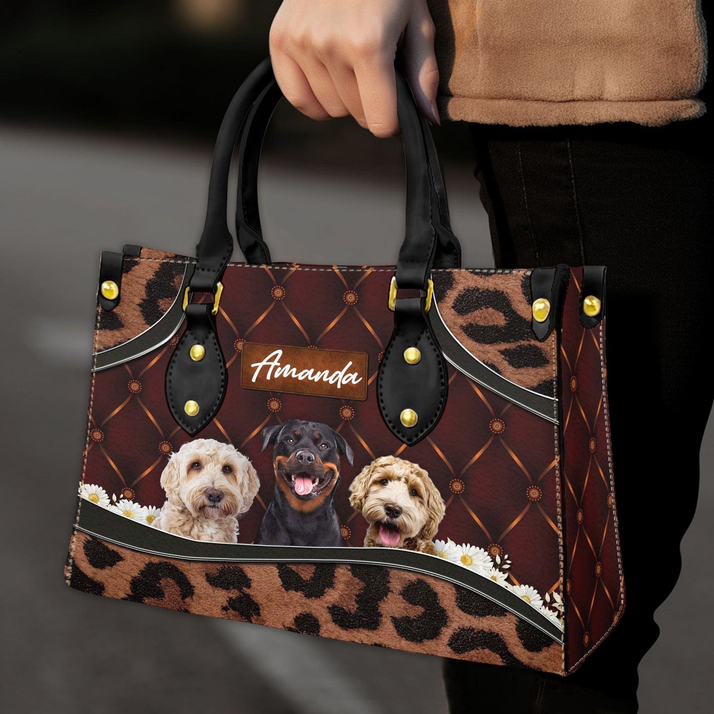 Sac à main en cuir personnalisé avec photo pour animaux de compagnie | Cadeau pour maman d’animal de compagnie | Tapisserie d'ameublement marron style marguerite et léopard couleur acajou