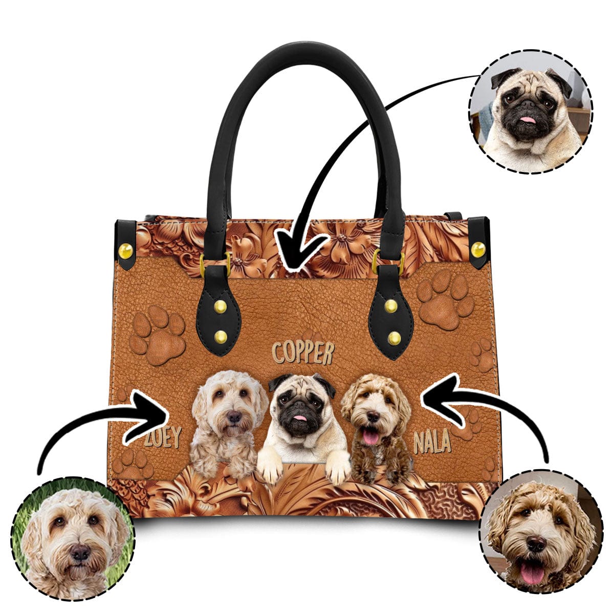 Sac à main en cuir personnalisé avec photo pour animaux de compagnie | Cadeau pour maman d’animal de compagnie | Style de dessin en bois et pattes, couleur marron