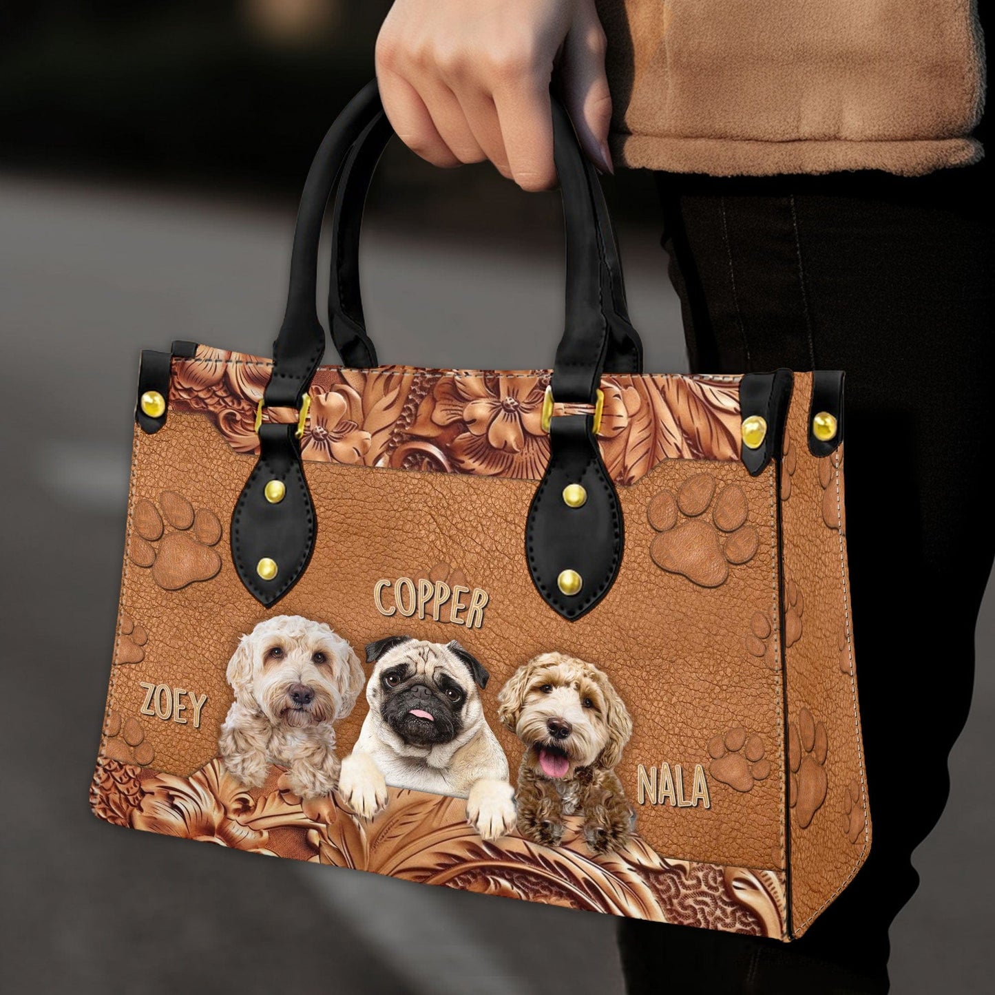 Sac à main en cuir personnalisé avec photo pour animaux de compagnie | Cadeau pour maman d’animal de compagnie | Style de dessin en bois et pattes, couleur marron