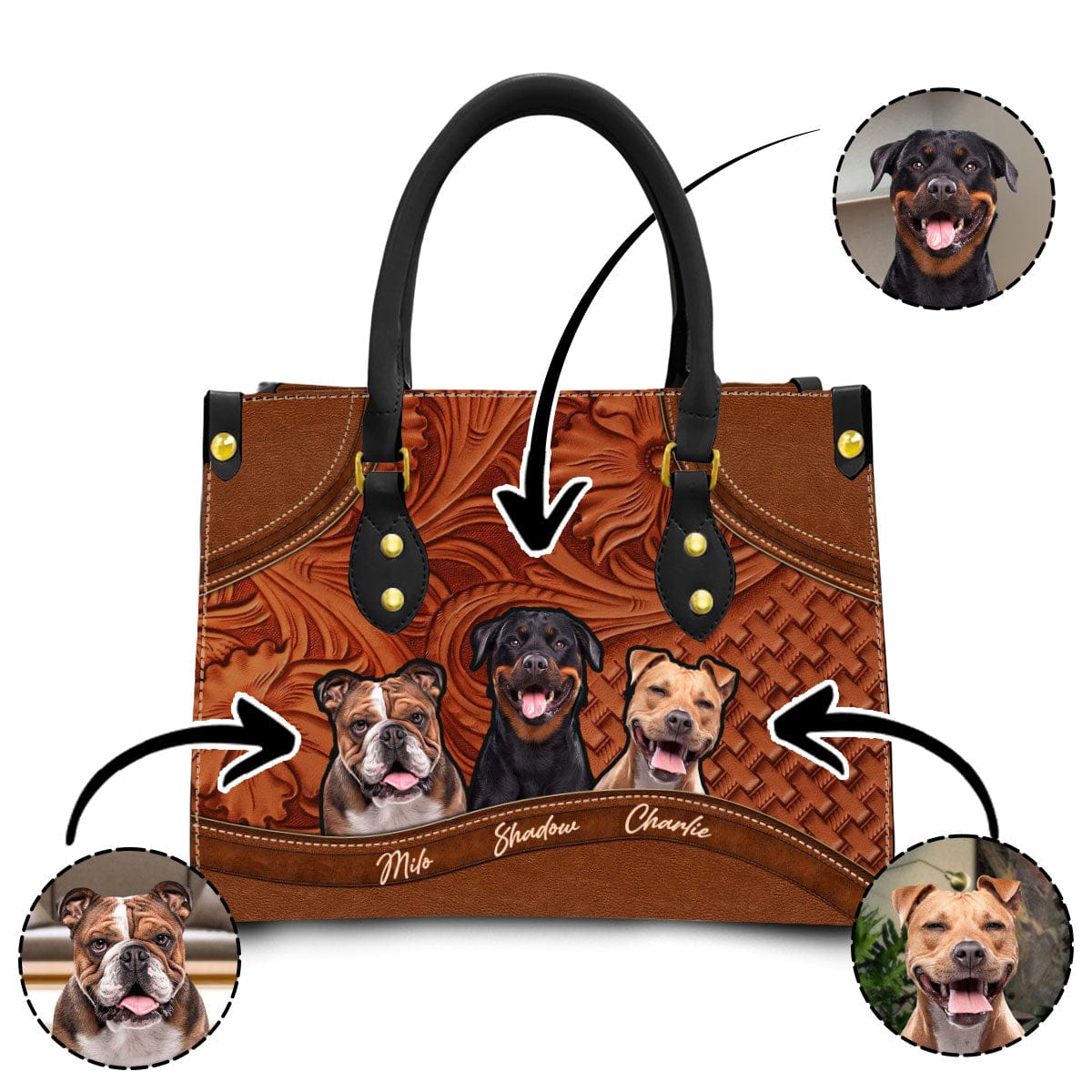 Sac à main en cuir personnalisé avec photo pour animaux de compagnie | Cadeau pour maman d’animal de compagnie | Bois et multi-styles couleur marron noisette