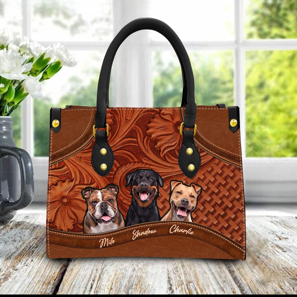 Sac à main en cuir personnalisé avec photo pour animaux de compagnie | Cadeau pour maman d’animal de compagnie | Bois et multi-styles couleur marron noisette