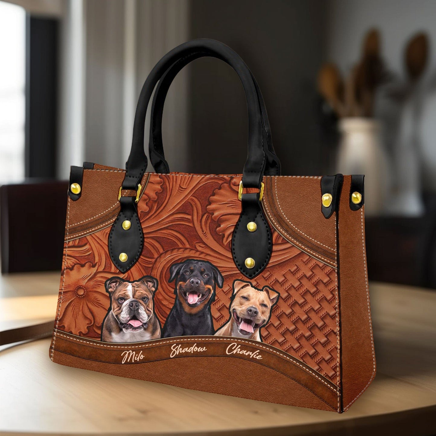 Sac à main en cuir personnalisé avec photo pour animaux de compagnie | Cadeau pour maman d’animal de compagnie | Bois et multi-styles couleur marron noisette