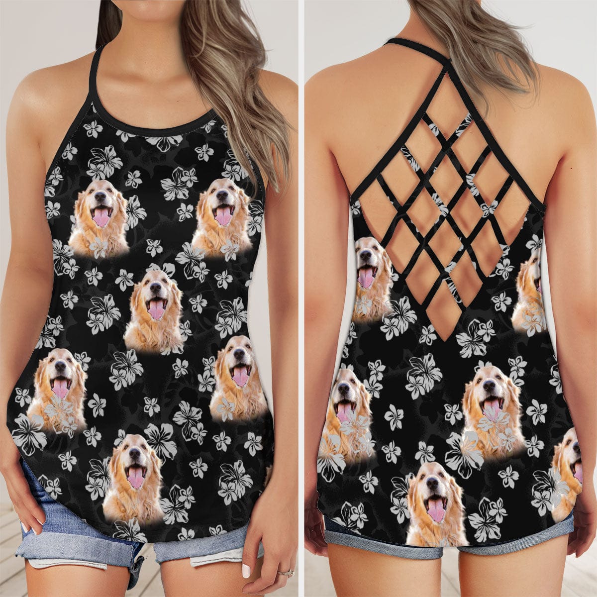 Custom Legging With Pet Photo | Black and White Hibiscus Flowers Seamless Pattern Black Color