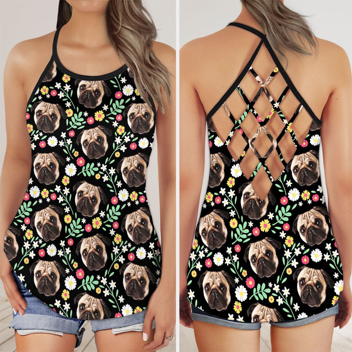 Custom Legging With Pet Photo | Floral BackGround Seamless Pattern Black Color