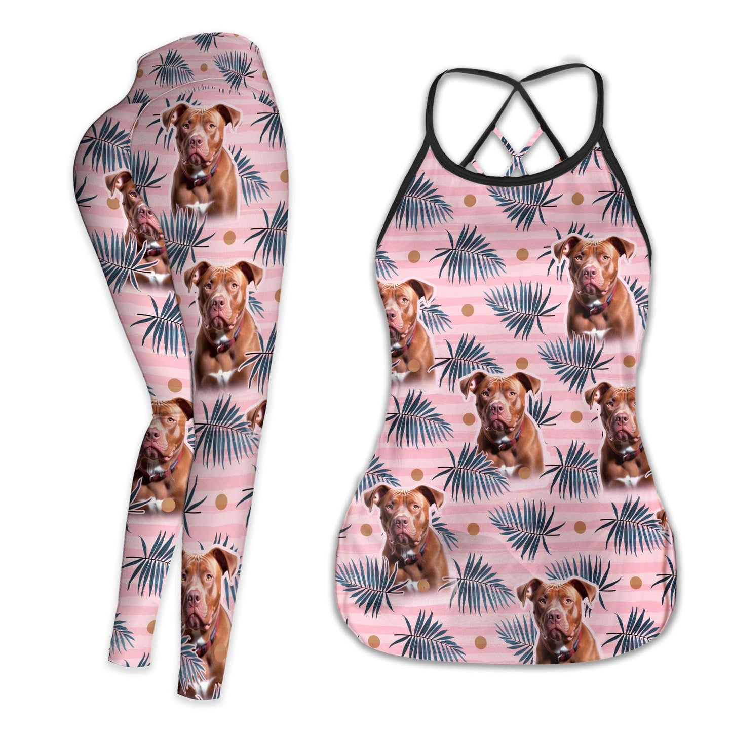 Custom Legging With Pet Photo | Tropical Leaves & Green Palm On A Pink Striped Background White Color