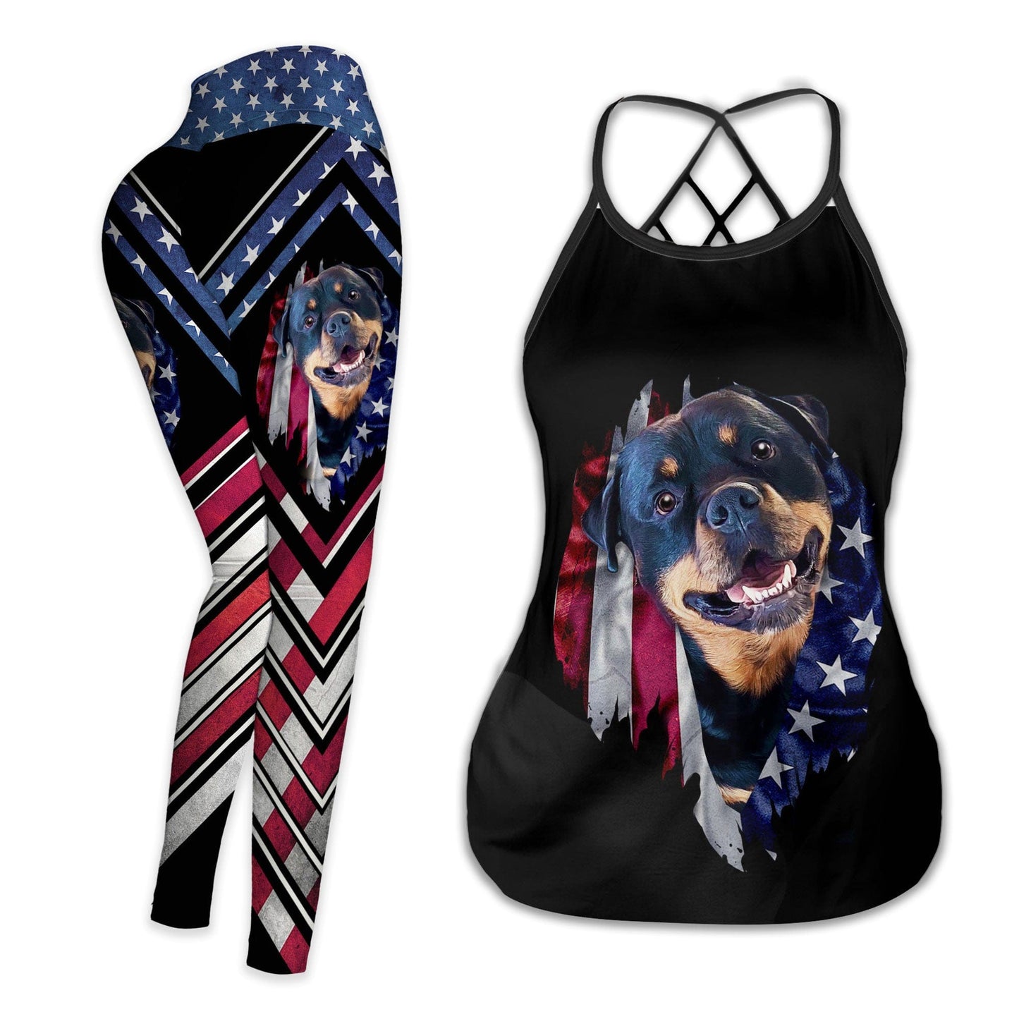 Custom Legging With Pet Photo | American Flag With Pet Face Pattern Black Color
