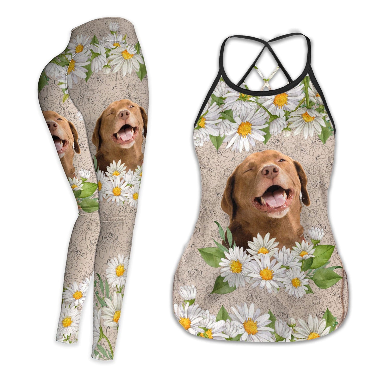 Custom Legging With Pet Photo | Daisy Flower Pattern Beige Color