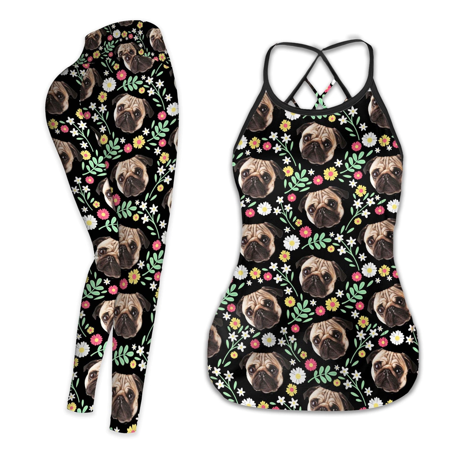 Custom Legging With Pet Photo | Floral BackGround Seamless Pattern Black Color