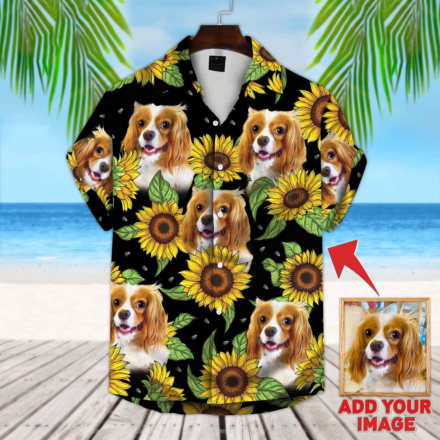 Chemise hawaïenne personnalisée avec visage d’animal de compagnie | Cadeau personnalisé pour les amoureux des animaux de compagnie | Chemise Aloha à motif de tournesol et de feuilles