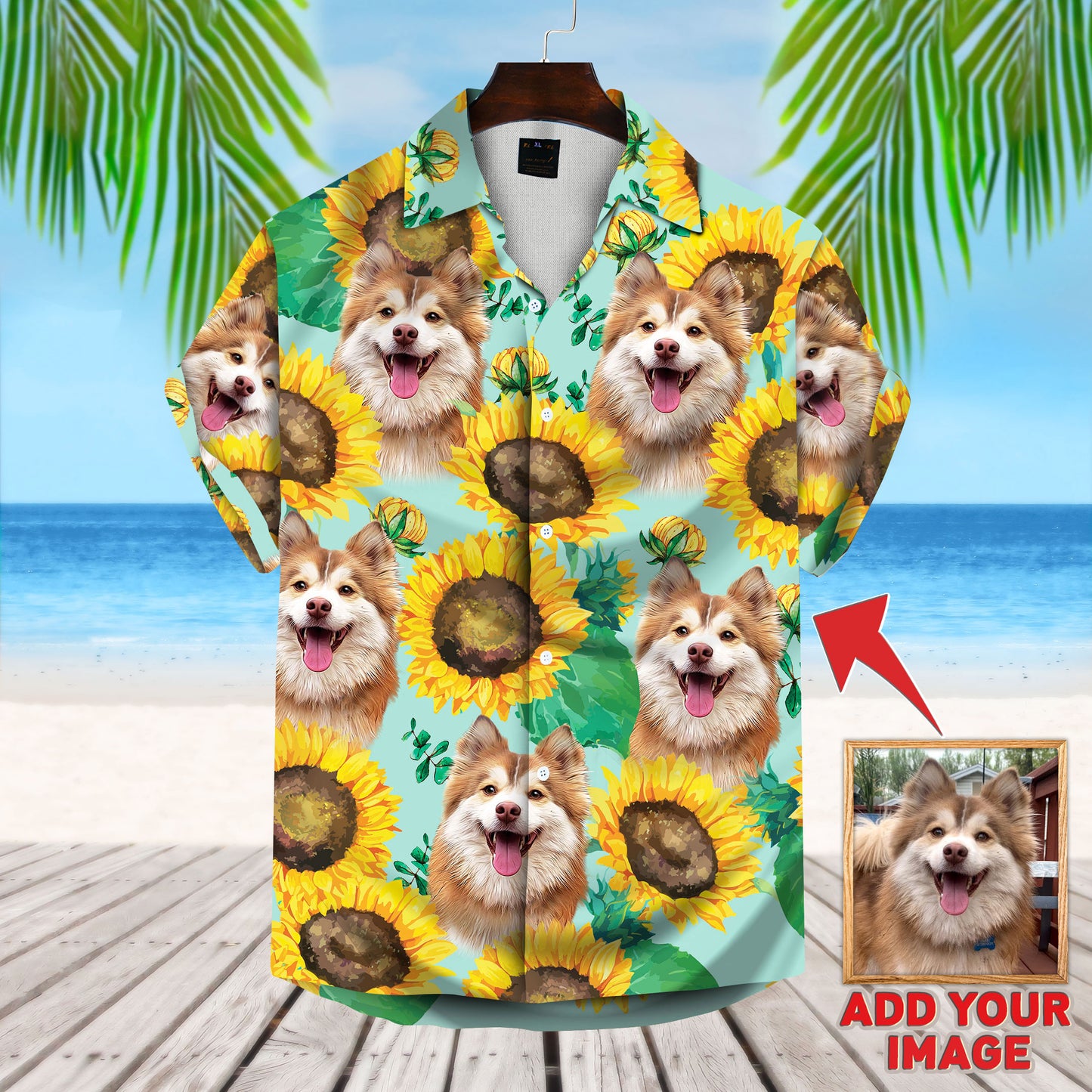 Custom Hawaiian Shirt With Pet Face | Personalized Gift For Pet Lovers | Sunflower & Green Pattern Aloha Shirt
