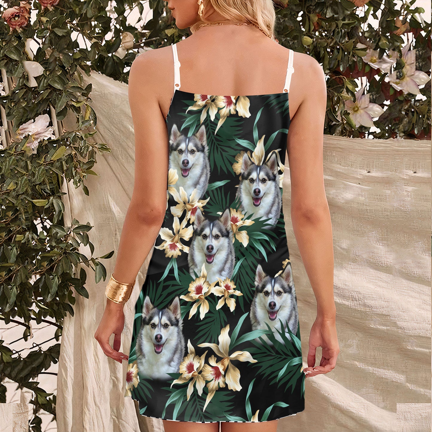 Robe camisole personnalisée à motif de feuilles et de fleurs, cadeau personnalisé pour maman de chien (couleur vert foncé)