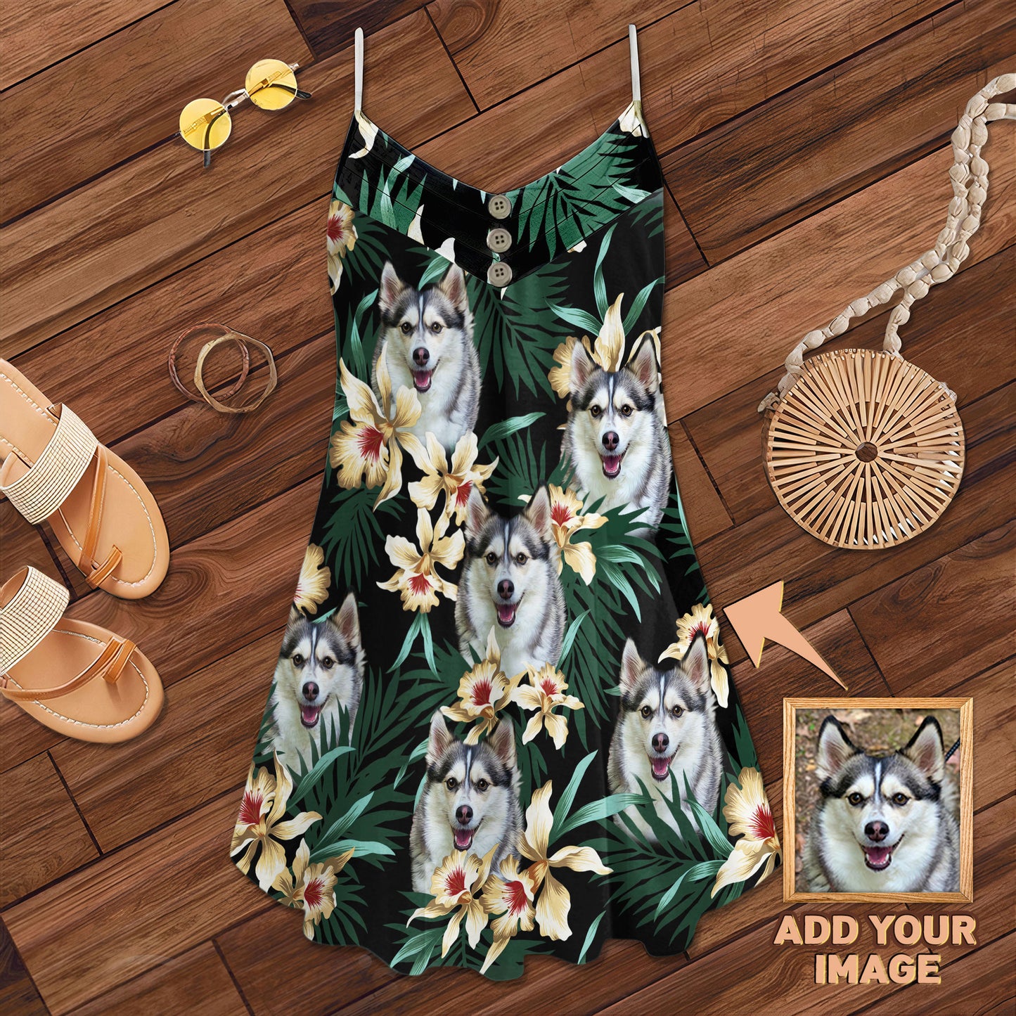 Robe camisole personnalisée à motif de feuilles et de fleurs, cadeau personnalisé pour maman de chien (couleur vert foncé)