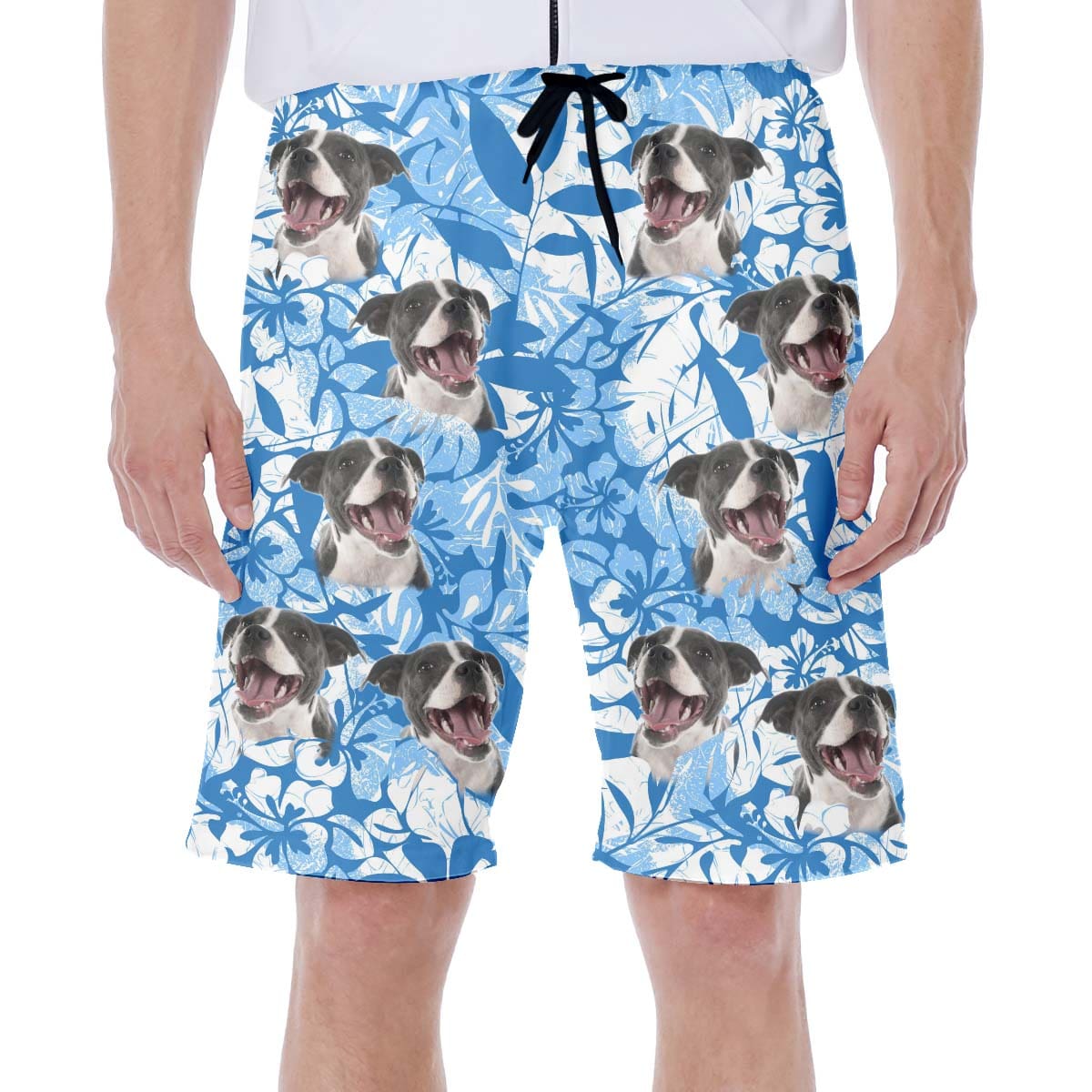 Custom Hawaiian Short With Dog Face | Personalized Gift For Puppy Lovers | Leaves & Flowers Pattern Blue Color Aloha Short