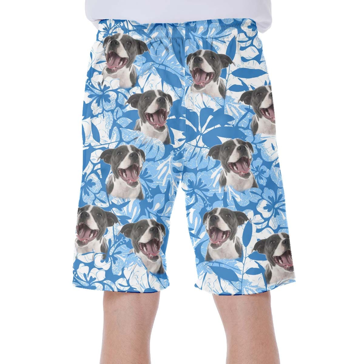 Custom Hawaiian Short With Dog Face | Personalized Gift For Puppy Lovers | Leaves & Flowers Pattern Blue Color Aloha Short