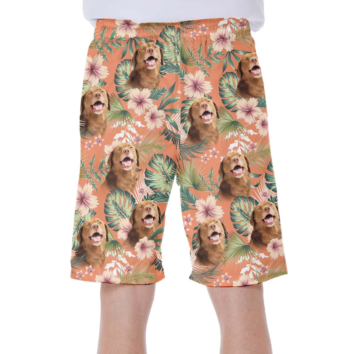 Short hawaïen personnalisé avec visage de chien | Cadeau personnalisé pour les amateurs de chiots | Short Aloha Motif Feuilles et Fleurs Couleur Carotte