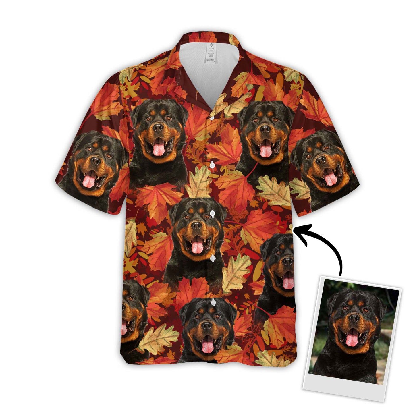 Chemise hawaïenne personnalisée avec visage d’animal de compagnie | Cadeau personnalisé pour les amoureux des animaux de compagnie | Chemise Aloha de couleur rouge à motif de feuilles