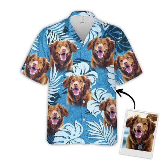 Custom Hawaiian Shirt With Pet Photo | Personalized Gift For Pet Lovers | Leaves Pattern Sea Blue Color Aloha Shirt