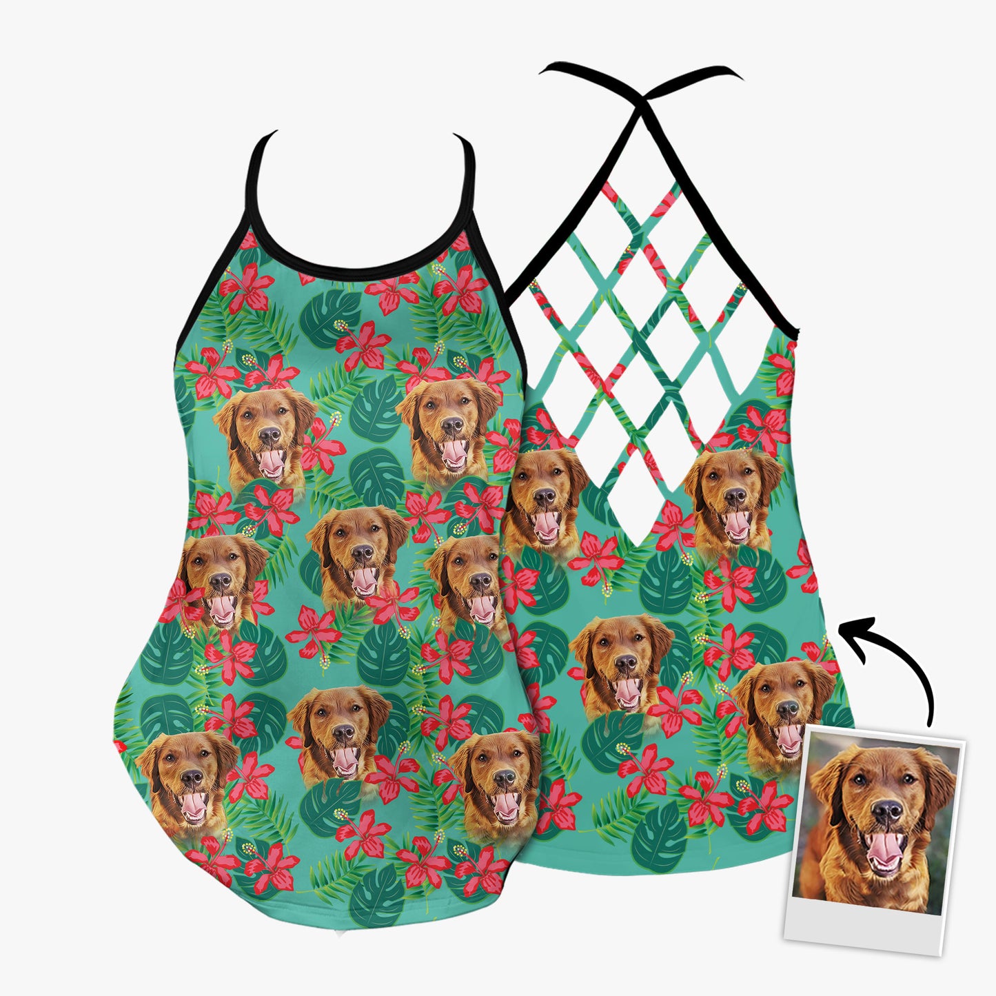 Custom Leaves & Flowers Pattern Criss Cross Tank Top (Mint Color)