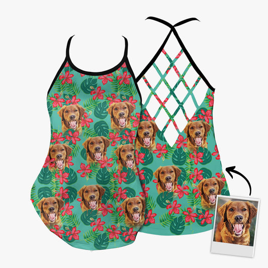 Custom Leaves & Flowers Pattern Criss Cross Tank Top (Mint Color)