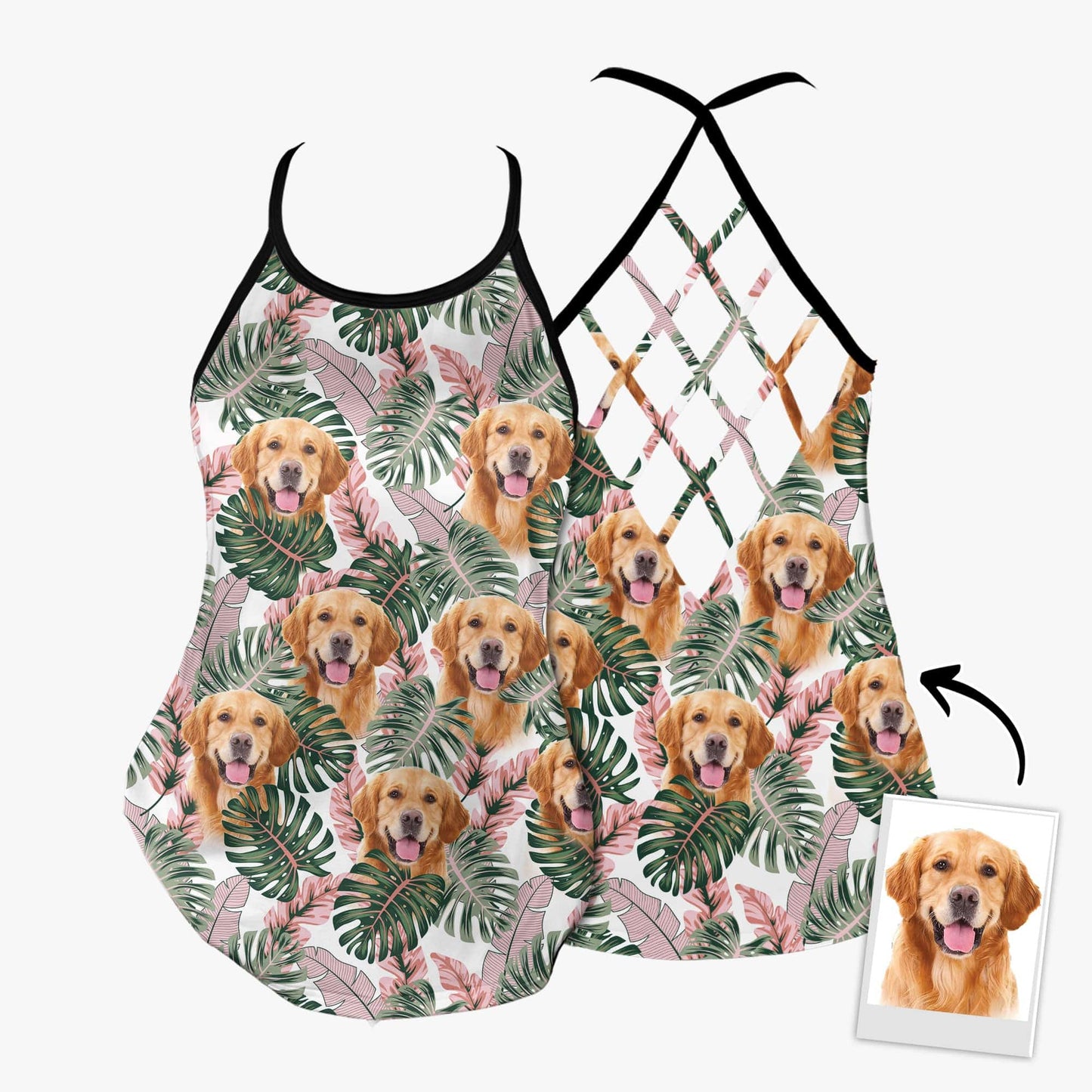 Custom Pink & Green Leave Criss Cross Open Back Tank Top