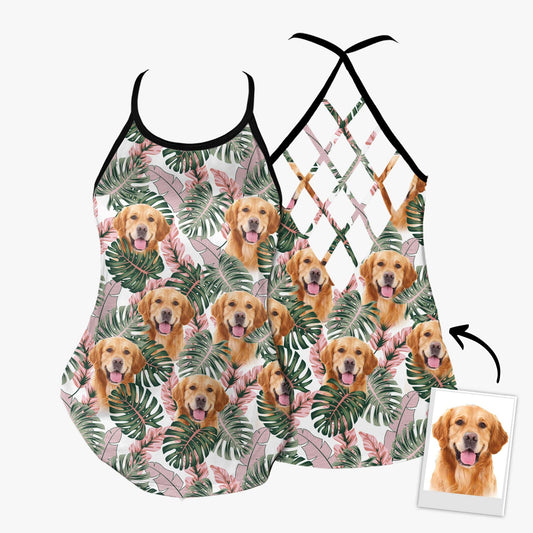 Custom Pink & Green Leave Criss Cross Open Back Tank Top