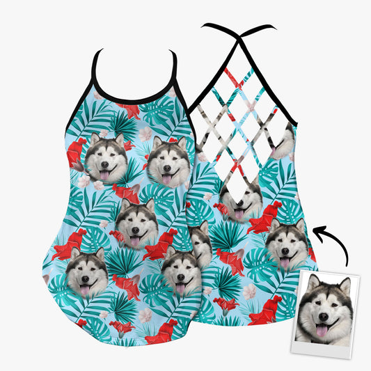 Custom Red Flower Criss Cross Open Back Tank Top