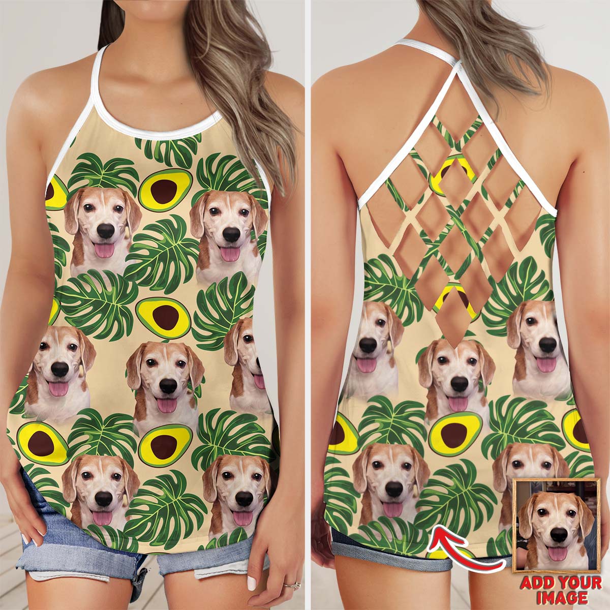 Custom Avocado & Leaves Pattern Criss Cross Tank Top (Lemon Zest Color)