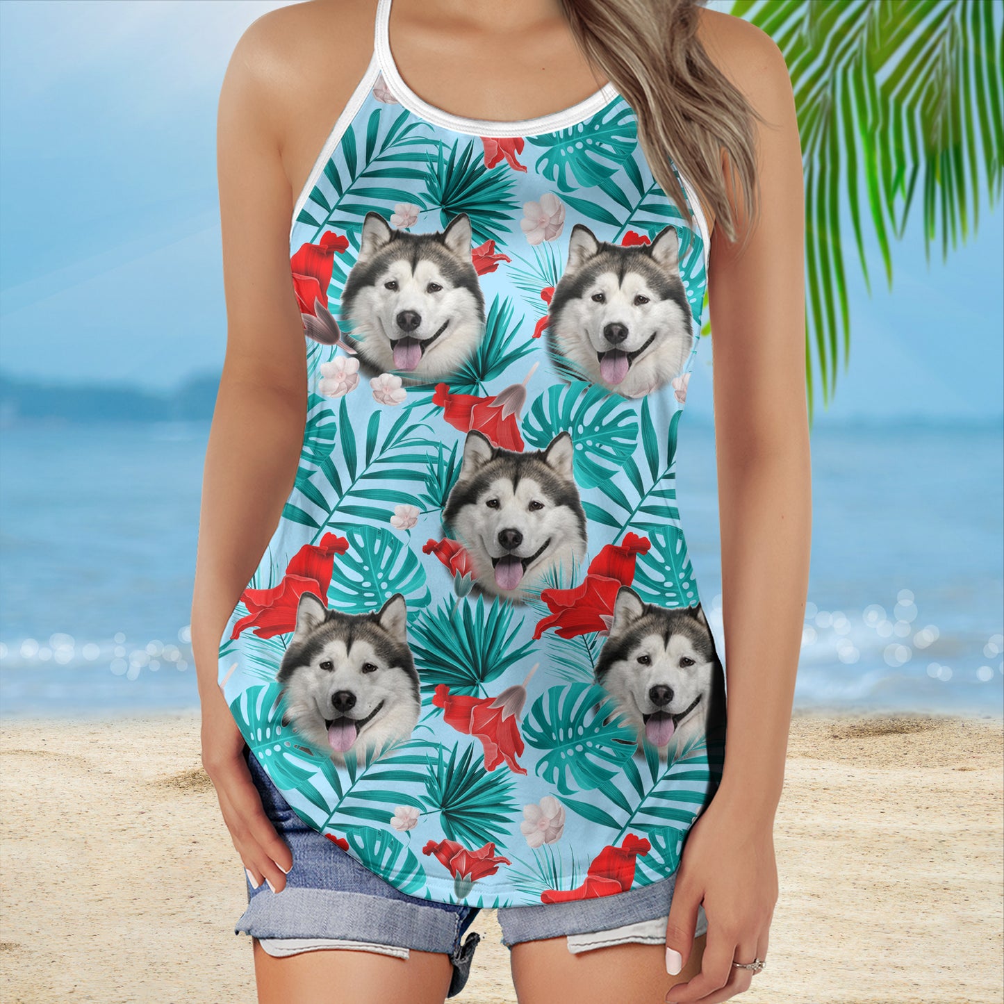 Custom Red Flower Criss Cross Open Back Tank Top