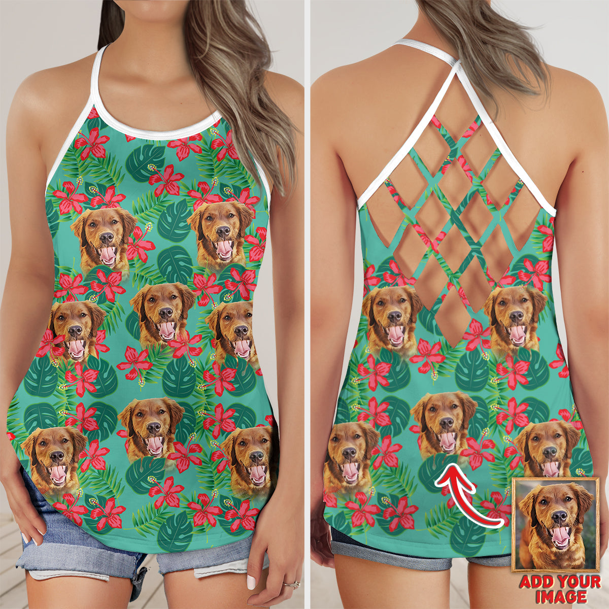 Custom Leaves & Flowers Pattern Criss Cross Tank Top (Mint Color)