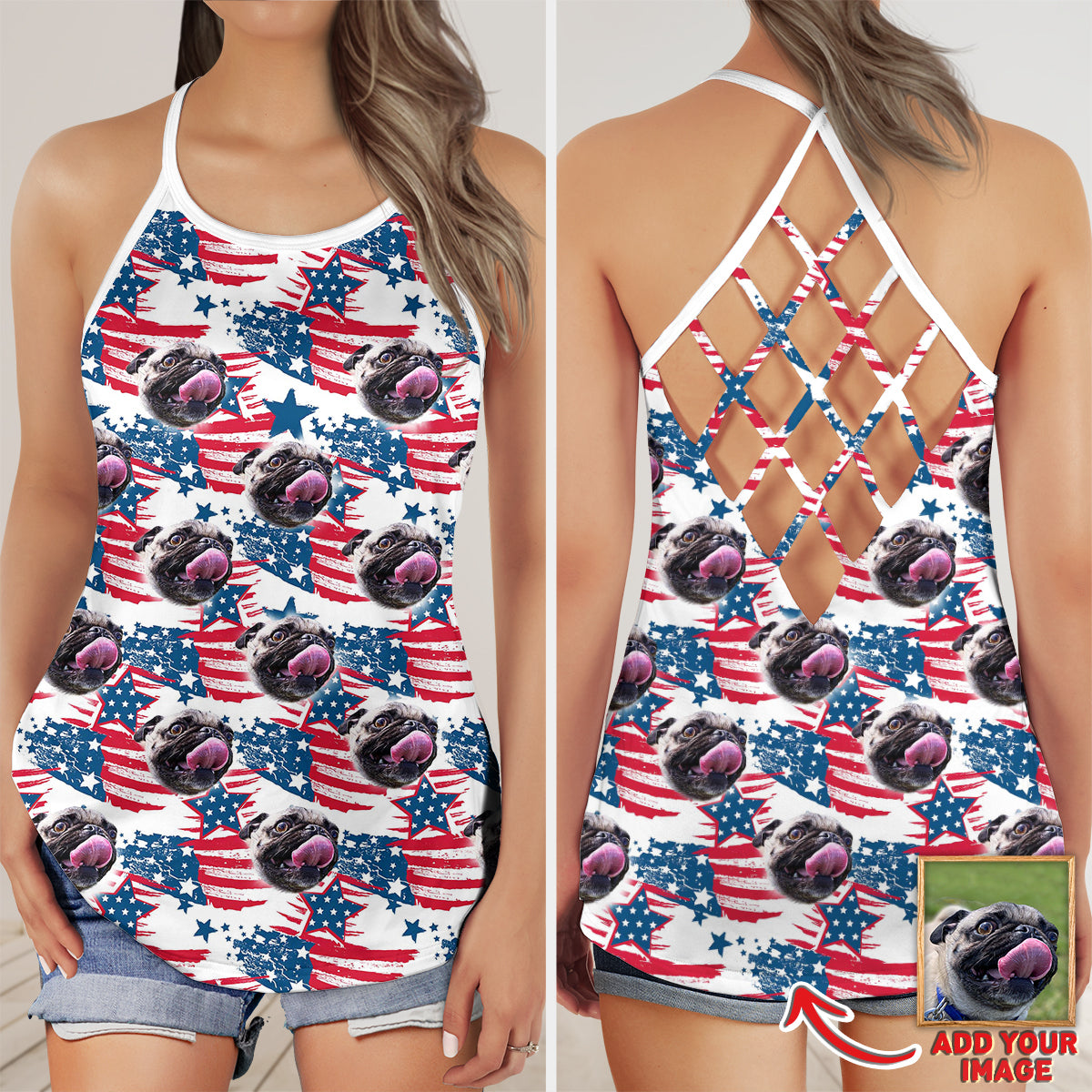 Custom Red & Blue Pattern Criss Cross Tank Top