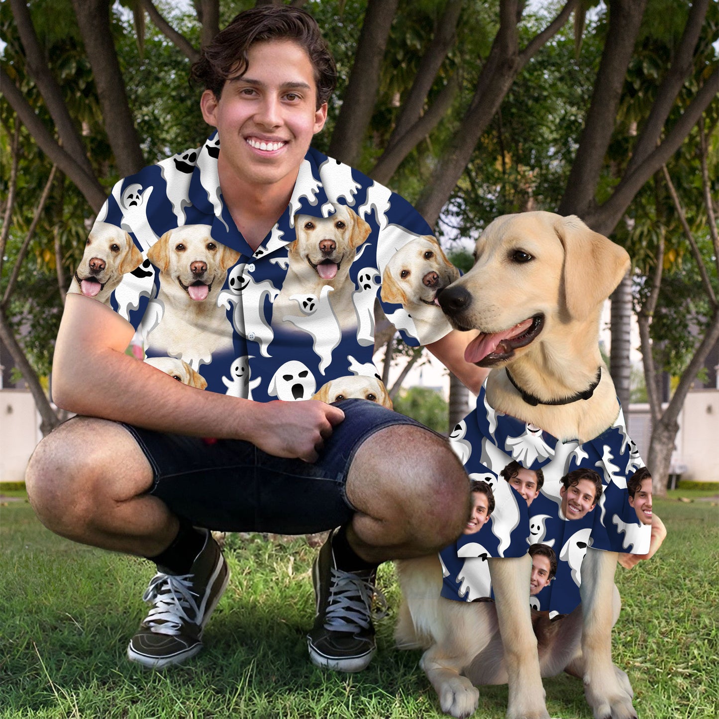 Custom Hawaiian Shirt With Pet Face | Personalized Gift For Pet Lovers | Funny Ghost Pattern Navy Color Aloha Shirt