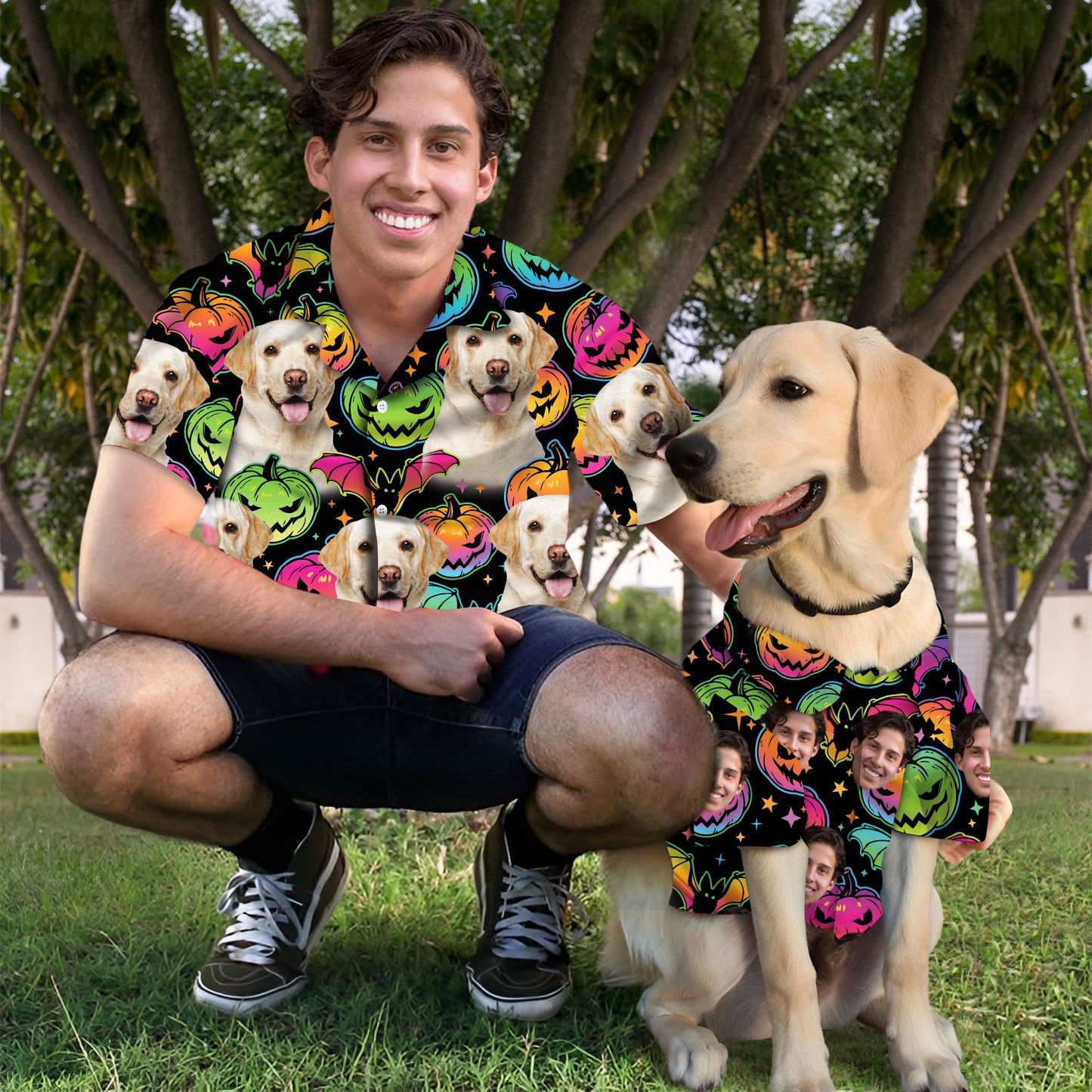 Custom Hawaiian Shirt With Pet Face | Personalized Gift For Pet Lovers | Pumpkin & Bat Pattern Dark Color Aloha Shirt
