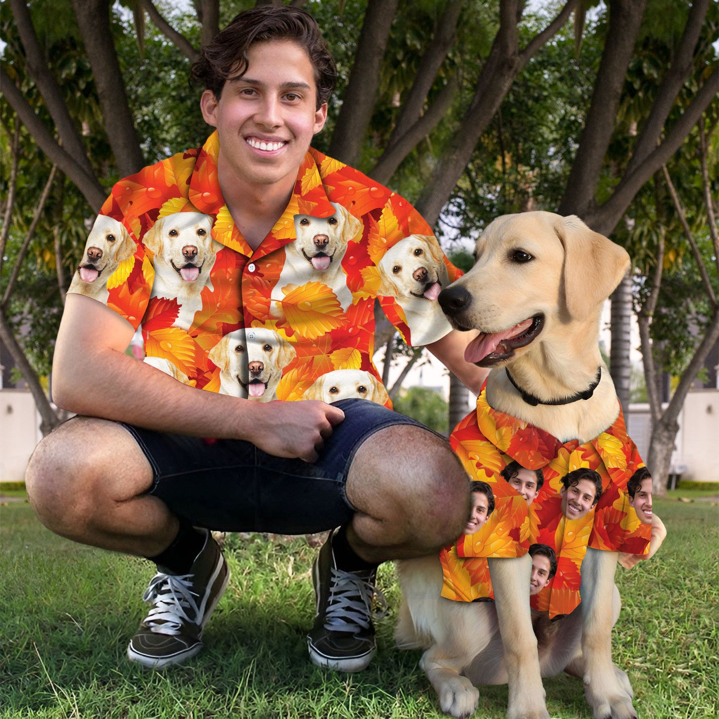 Custom Hawaiian Shirt With Pet Face | Personalized Gift For Pet Lovers | Leaves Pattern Neon-Orange Color Aloha Shirt