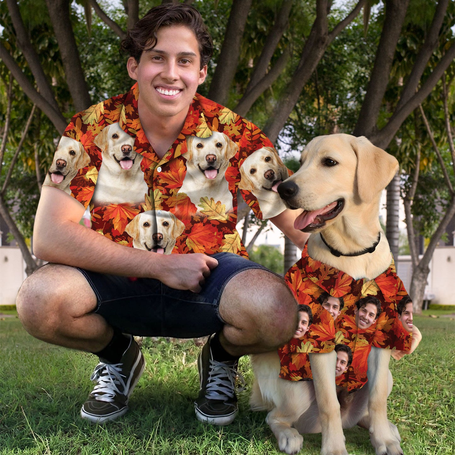 Chemise hawaïenne personnalisée avec visage d’animal de compagnie | Cadeau personnalisé pour les amoureux des animaux de compagnie | Chemise Aloha de couleur rouge à motif de feuilles