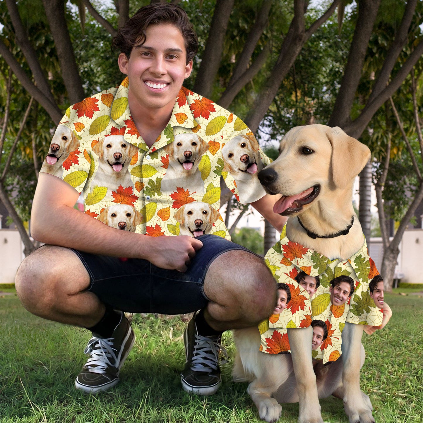 Custom Hawaiian Shirt With Pet Face | Personalized Gift For Pet Lovers | Leaves Pattern Cream Color Aloha Shirt