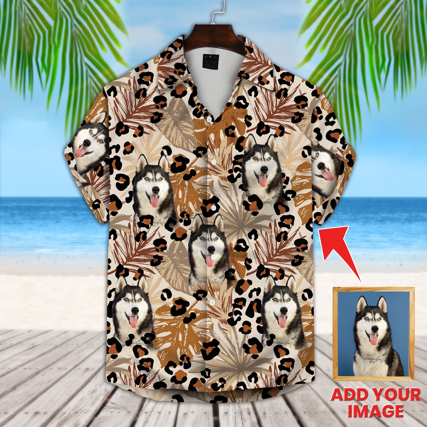 Chemise hawaïenne personnalisée avec visage d’animal de compagnie | Cadeau personnalisé pour les amoureux des animaux de compagnie | Feuilles tropicales, chemise Aloha à motif de taches de camouflage léopard grunge