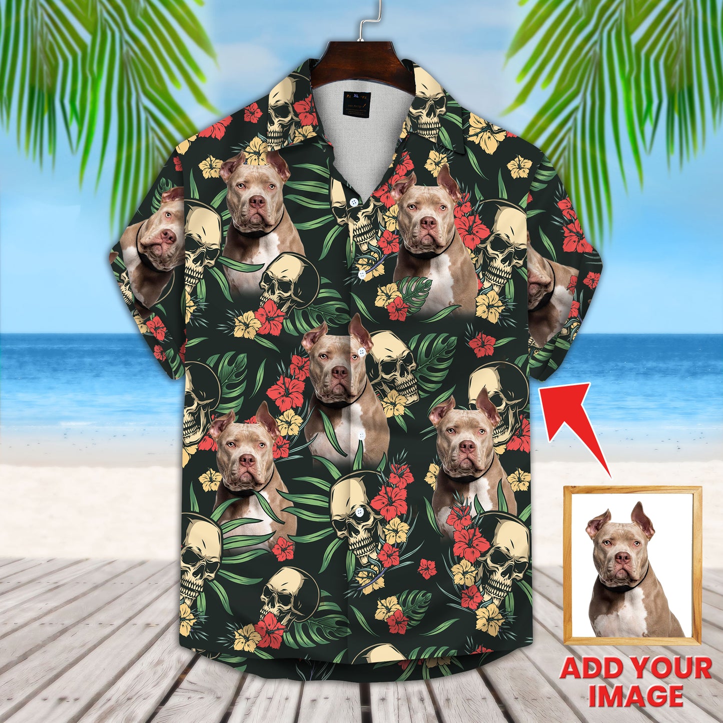 Chemise hawaïenne personnalisée avec visage d’animal de compagnie | Cadeau personnalisé pour les amoureux des animaux de compagnie | Chemise Aloha colorée tropicale sans couture avec motif de crânes, de fleurs et de feuilles