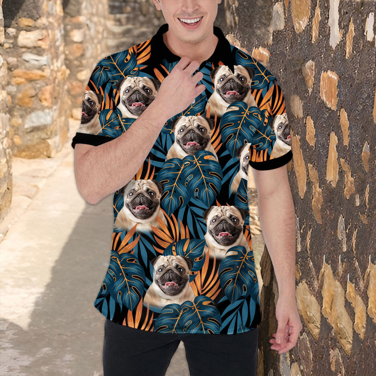 Polo personnalisé avec visage de chien | Cadeau personnalisé pour papa chien | Polo homme bleu foncé et orange à motif de feuilles