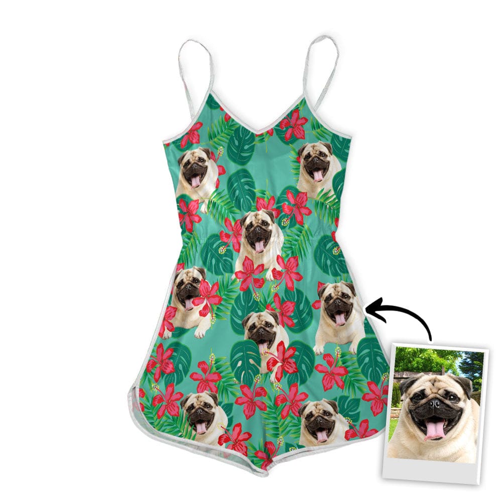 Custom V-neck Cami Romper With Pet Photo | Personalized Gift For Dog Mom | Mint Leaves & Flowers Pattern