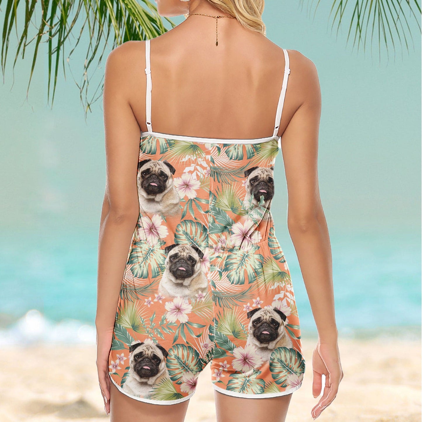 Custom V-neck Cami Romper With Pet Photo | Personalized Gift For Dog Mom | Carrot Leaves & Flowers Pattern