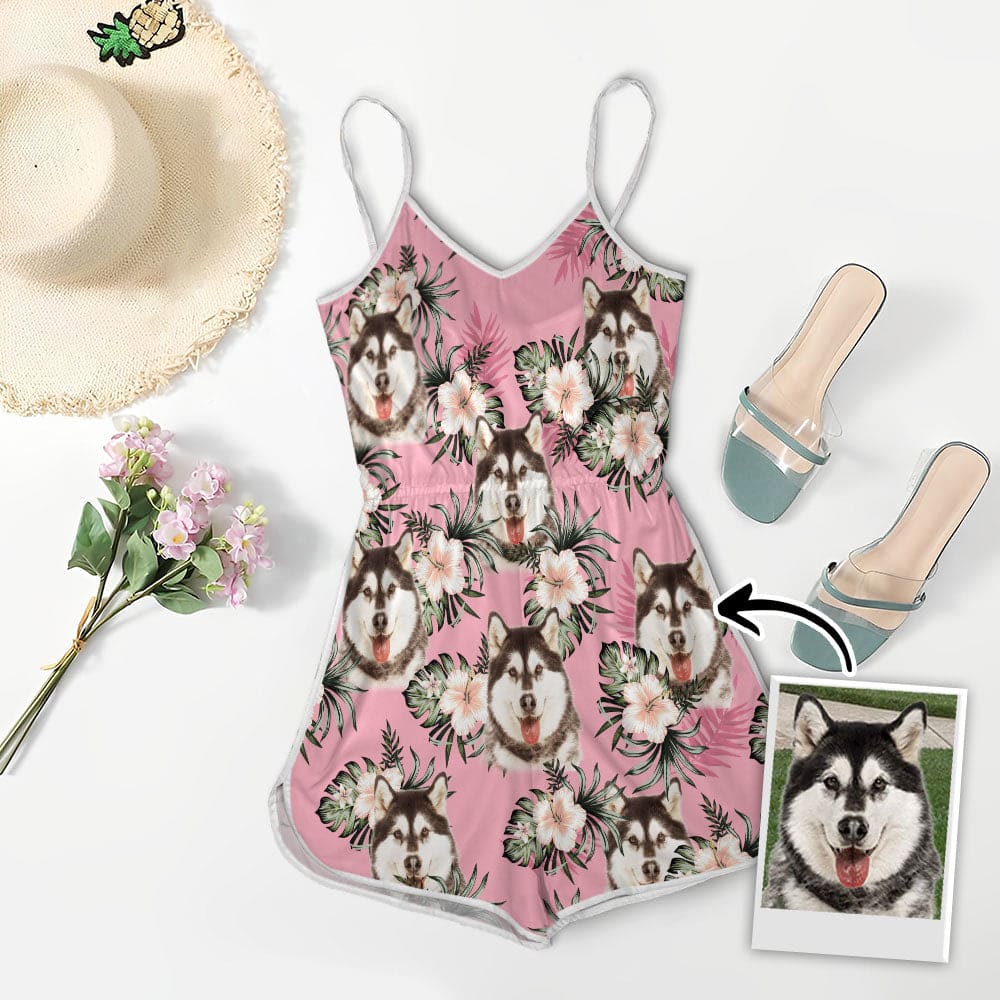 Romper Cami à col en V personnalisé avec photo d’animal de compagnie | Cadeau personnalisé pour maman chien | Motif de feuilles et de fleurs roses