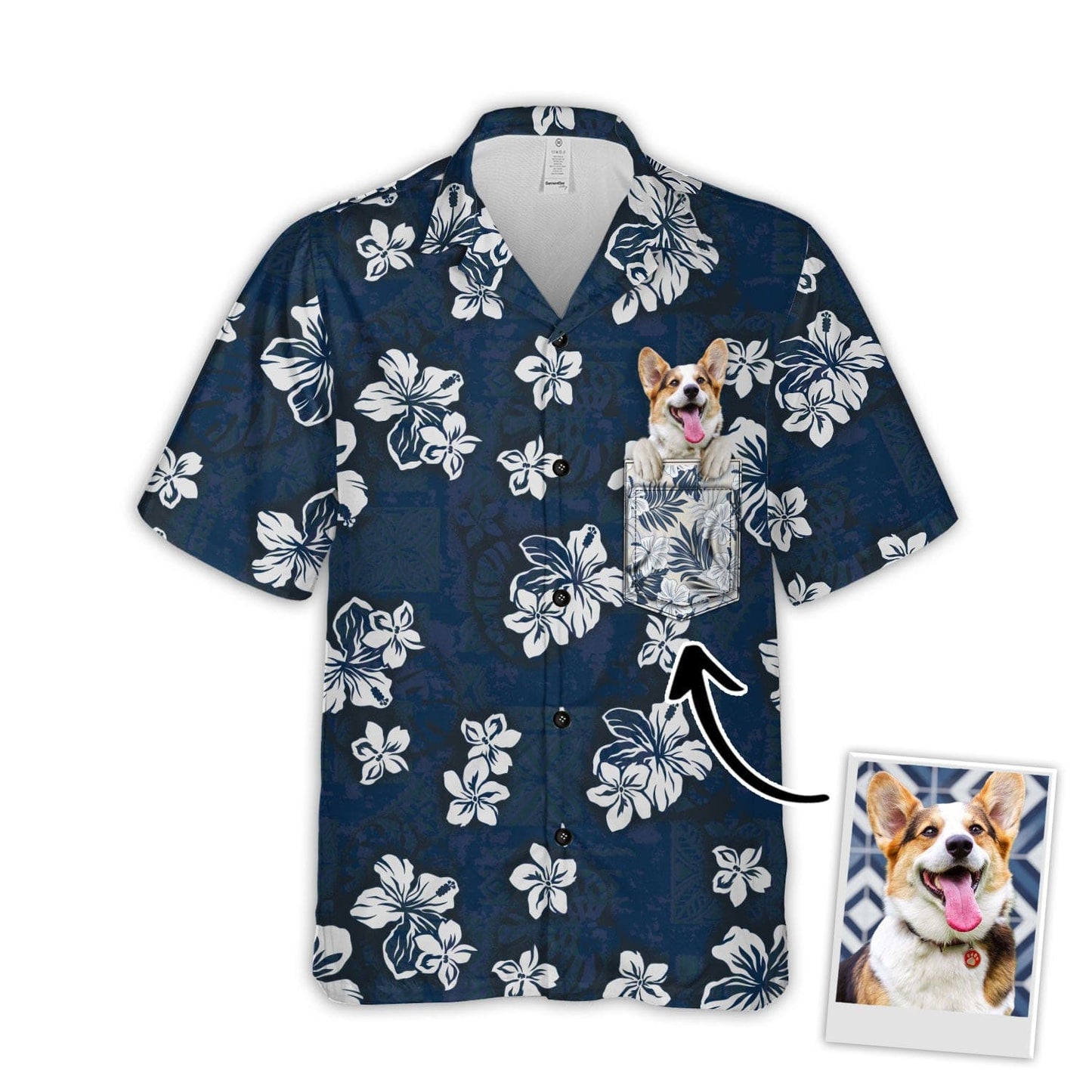 Chemise hawaïenne personnalisée avec visage d’animal de compagnie | Cadeau personnalisé pour les amoureux des animaux de compagnie | Chemise Aloha de couleur marine avec poche, éléments tribaux et fleurs d'hibiscus