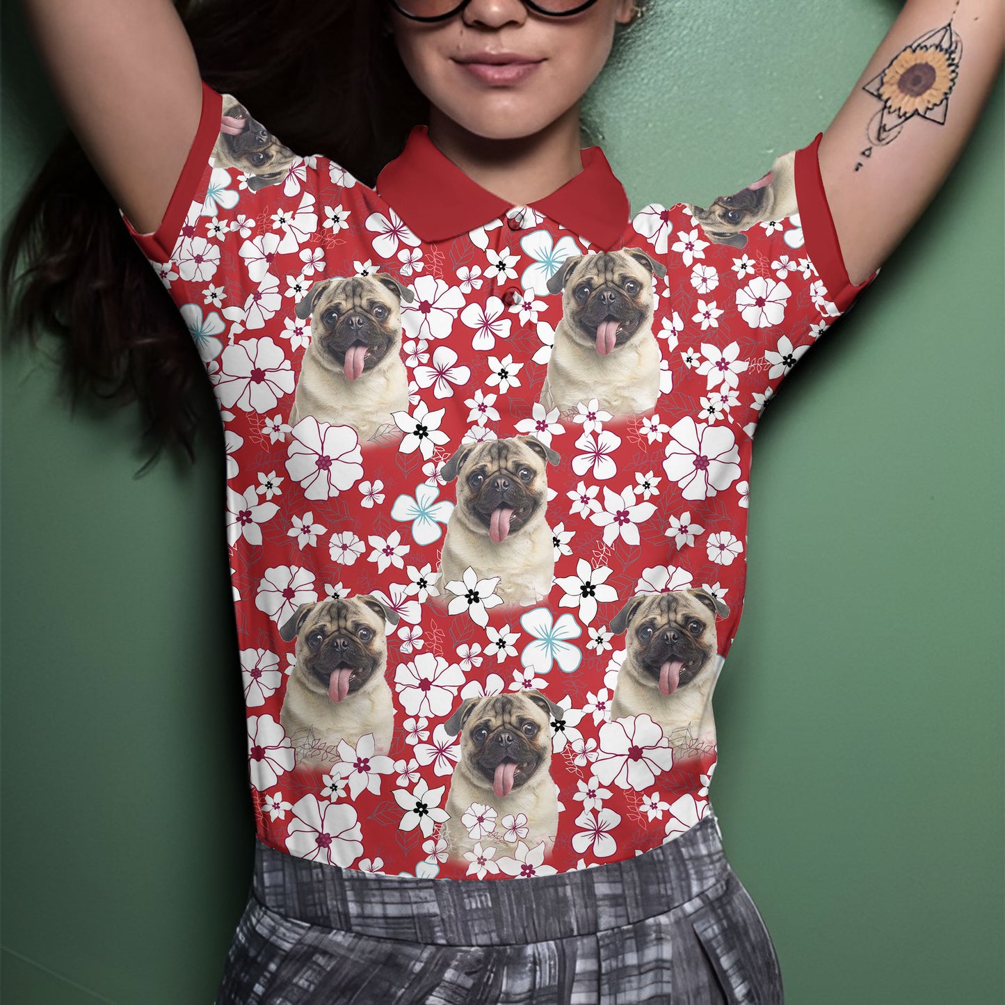 Custom Polo Shirt With Dog Face | Personalized Gift For Dog Dad | Red Flower Pattern Men Polo Shirt