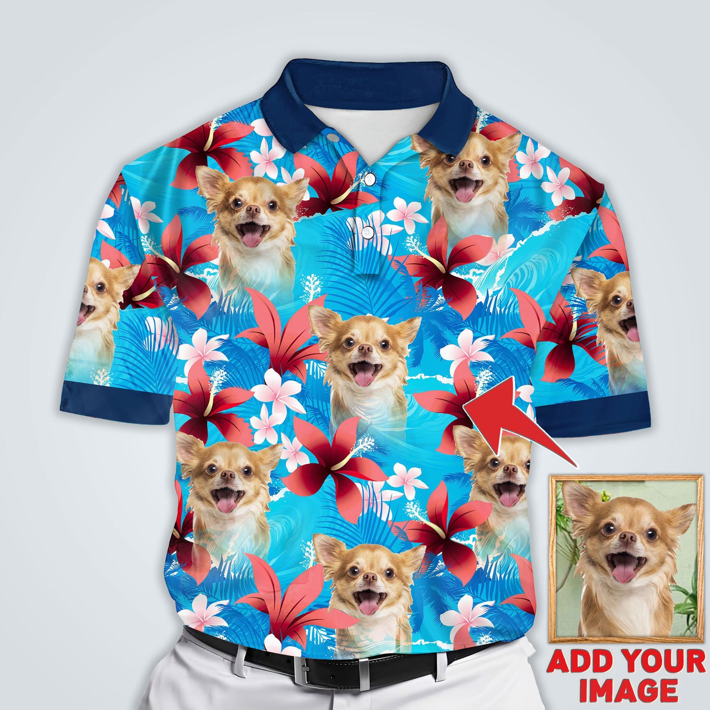 Polo personnalisé avec visage de chien | Cadeau personnalisé pour papa chien | Polo Homme Motif Feuilles et Fleurs Bleues
